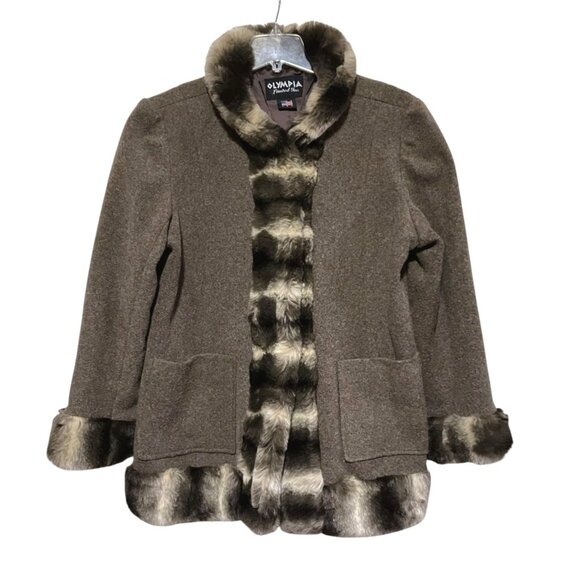 Vintage Wool Blend Overcoat 1X Faux Fur Trim Car Coat Brown Pockets Neutral Glam - Picture 1 of 8